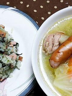 鶏ハムのスープでポトフ&ほうれん草ライス-レシピのメイン写真