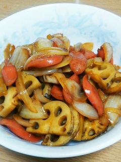 蓮根と玉葱とウインナーの焼肉のタレ炒め-レシピのメイン写真