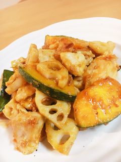 鶏胸肉=かぼちゃ=蓮根❤麻婆ソース炒め-レシピのメイン写真