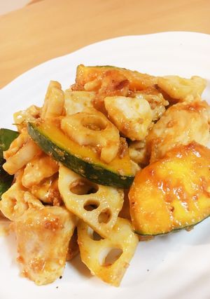 鶏胸肉=かぼちゃ=蓮根❤麻婆ソース炒め-レシピのメイン写真