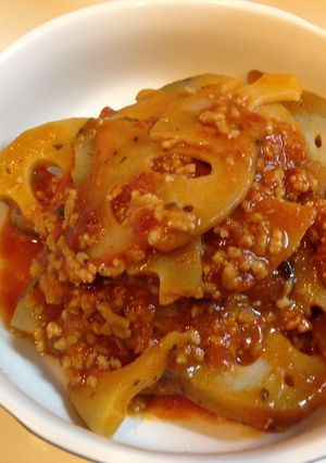 レンコンと挽肉のトマト味＋クリームチーズ-レシピのメイン写真