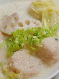 白菜とれんこん 鶏団子の 豆乳味噌スープ-レシピのメイン写真