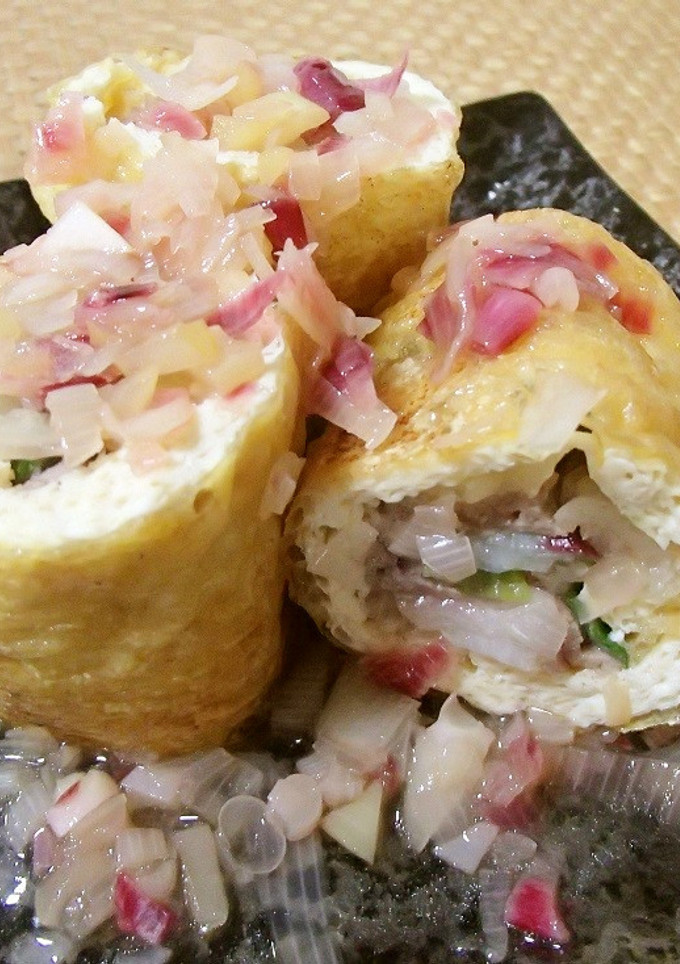 天栄赤ねぎの油揚げ巻き（ネギソースかけ）-レシピのメイン写真