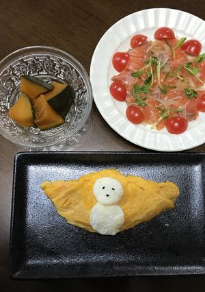 雪だるまのせオムレツと冬至おうちごはん-レシピのメイン写真