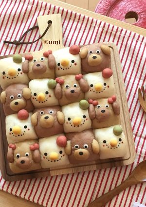 ワンコとゆきだるまのカラフルちぎりパン-レシピのメイン写真