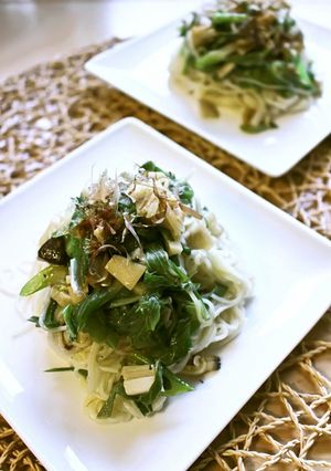 アヒージョの残りで素麺チャンプルー-レシピのメイン写真