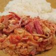 トマトと卵と焼豚の炒め物でワンディッシュ