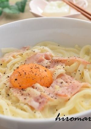 レンチンで鍋いらず！カルボナーラ風うどん-レシピのメイン写真