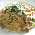 ラム肉と野菜いっぱいのクリームパスタ
