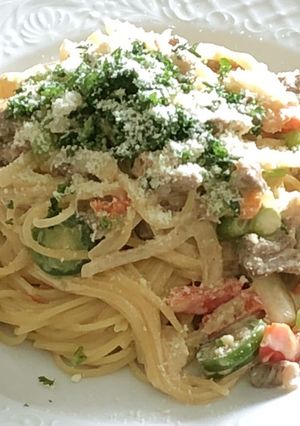 ラム肉と野菜いっぱいのクリームパスタ-レシピのメイン写真