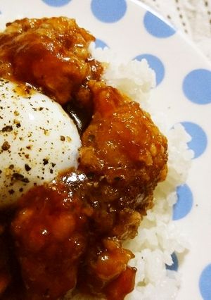 温泉卵乗せ★甘酢ケチャップ味の唐揚げ丼-レシピのメイン写真