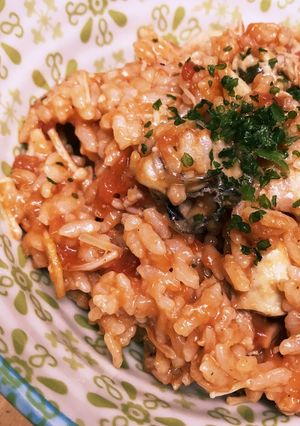 計量いらず♡牡蠣のトマトチーズリゾット-レシピのメイン写真
