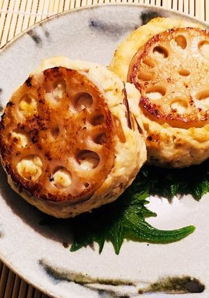 豆腐となめ茸入り蓮根のはさみ焼き-レシピのメイン写真