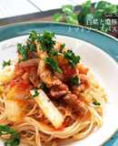 白菜と塩豚のトマトソースパスタ
