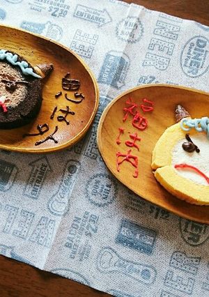 節分チョコペンで子供喜ぶ鬼面ロールケーキ-レシピのメイン写真
