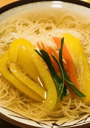 温素麺●千切り野菜をのせたあったか素麺-レシピのメイン写真
