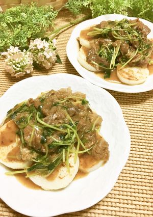 簡単！こんがり長芋の牛肉入り豆苗あんかけ-レシピのメイン写真