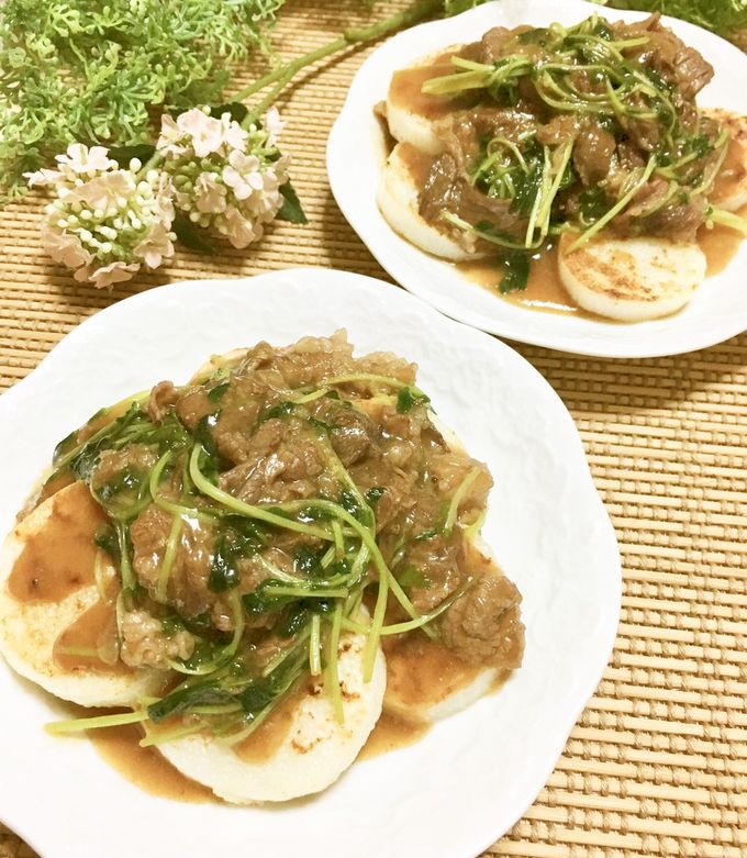簡単！こんがり長芋の牛肉入り豆苗あんかけ-レシピのメイン写真