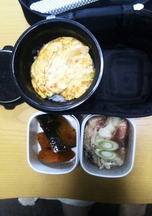 今日の弁当オムレツ-カボチャ煮物-魚酒蒸-レシピのメイン写真