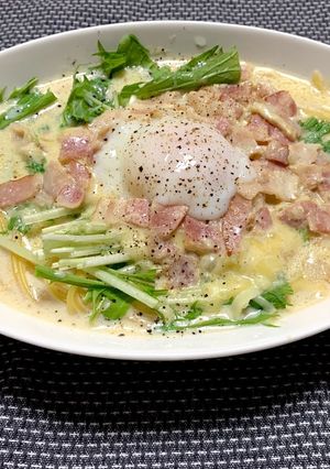 我が家の水菜たっぷり豆乳カルボナーラ-レシピのメイン写真