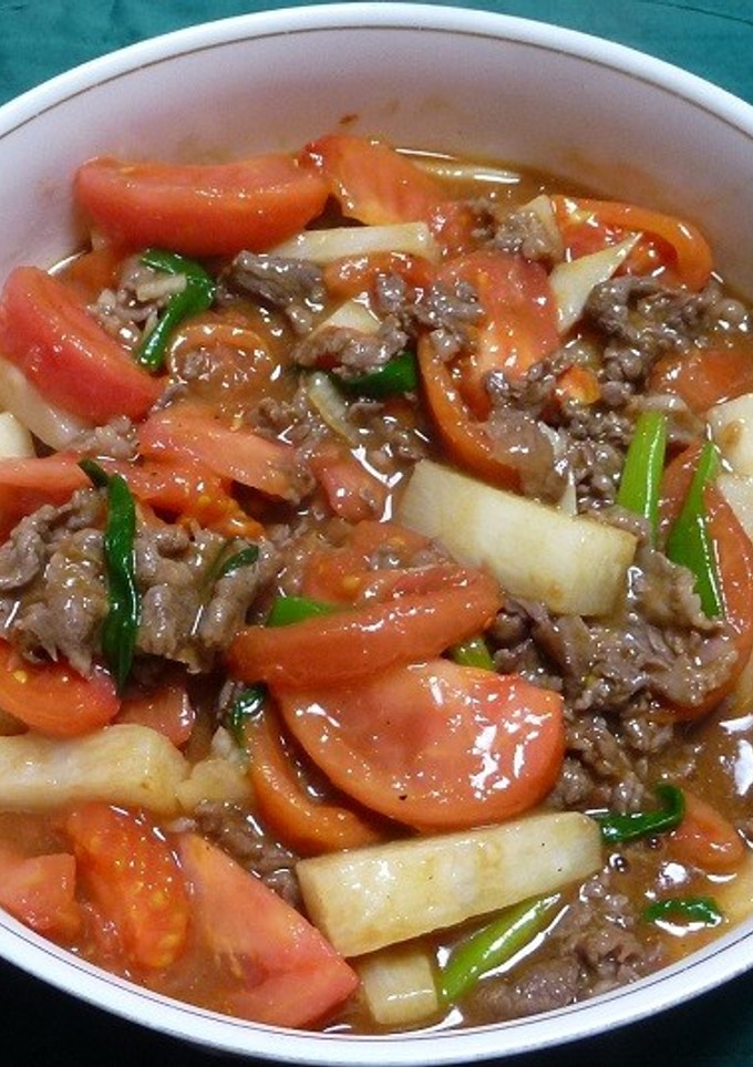 牛肉とトマトと長芋のオイスターソース炒め-レシピのメイン写真