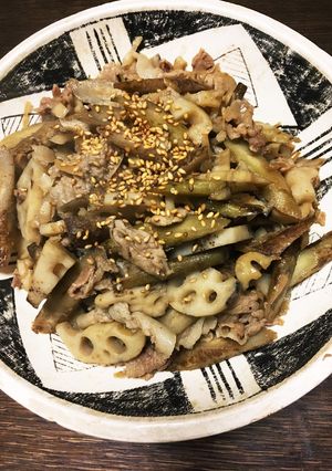 牛蒡、蓮根、豚肉の炒め煮 塩麹入り！-レシピのメイン写真