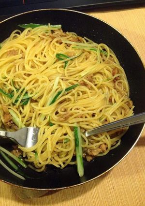 鶏皮のよっちゃん煮と水菜のパスタ-レシピのメイン写真