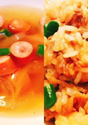 同時調理でコンソメスープ&焼肉ピラフ!-レシピのメイン写真