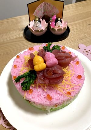 ひな祭り ピンクのバラの寿司ケーキ-レシピのメイン写真