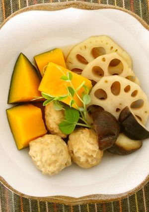 かぼちゃとれんこんと鶏団子の煮物-レシピのメイン写真