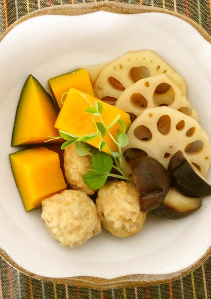 かぼちゃとれんこんと鶏団子の煮物-レシピのメイン写真