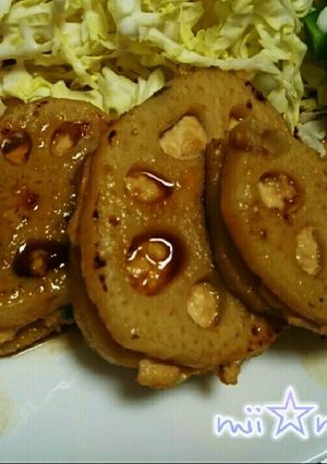 蓮根と鶏ひき肉の甘辛はさみ焼き-レシピのメイン写真