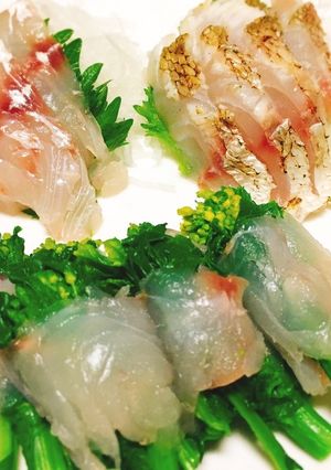 鯛の刺身・焼き霜造り・菜の花巻き-レシピのメイン写真