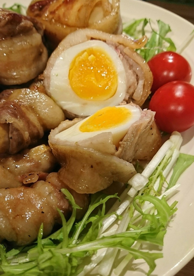 豚肉巻き三兄弟 卵、エリンギ、ミニトマト-レシピのメイン写真