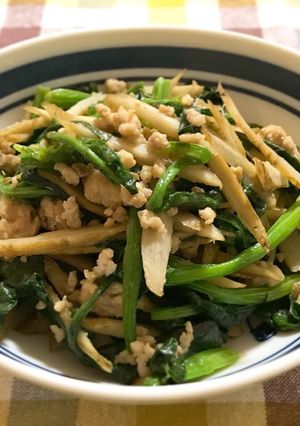 生姜香る♪牛蒡とほうれん草の鶏ひき肉炒め-レシピのメイン写真