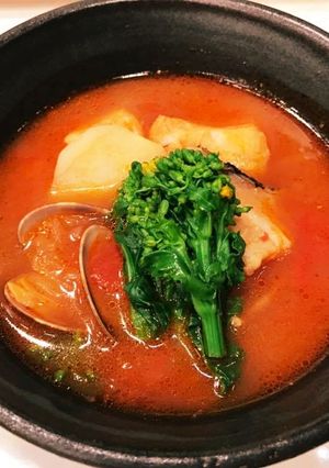 菜の花と魚介のトマトスープ-レシピのメイン写真