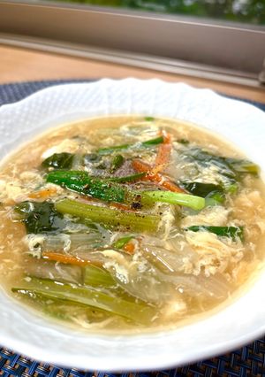 【簡単副菜】小松菜・ニラ・豆腐の和風卵スープ-レシピのメイン写真
