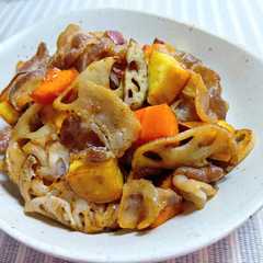 A picture of 豚ばら肉と根菜のカリカリ甘辛焼き♪.