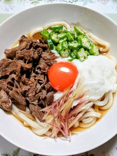簡単昼食!長芋オクラの牛すき冷やしうどん-レシピのメイン写真
