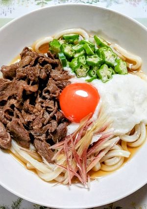 夏の夕飯簡単長芋オクラ牛すき冷やしうどん-レシピのメイン写真