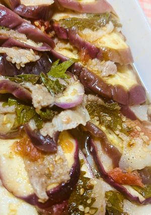 豚バラとナスの梅しそポン酢。レンチン重ね蒸し-レシピのメイン写真