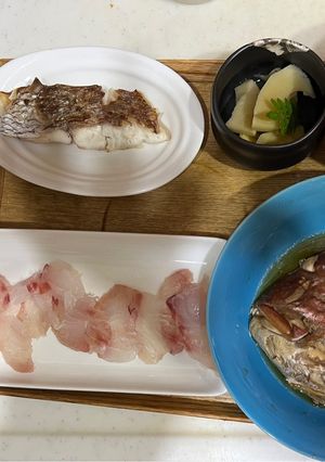 鯛1匹で昆布〆お刺身＆塩焼き煮付け鯛定食-レシピのメイン写真