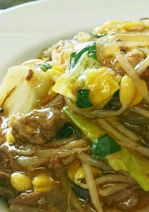 電気圧力鍋で牛筋肉のピリ辛スープ餡掛け丼-レシピのメイン写真