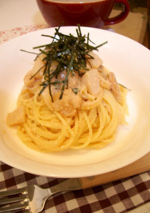 主人作☆ホタテも一緒にたらこスパゲティー-レシピのメイン写真