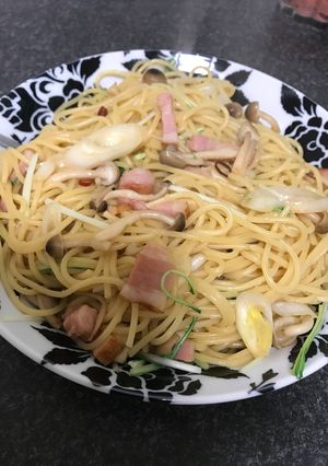 冷蔵庫の残り物で水菜ベーコン和風パスタ-レシピのメイン写真