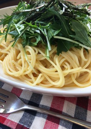 ランチに☆水菜たっぷり釜玉パスタ-レシピのメイン写真