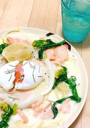 菜の花とスモークサーモンのスープパスタ-レシピのメイン写真