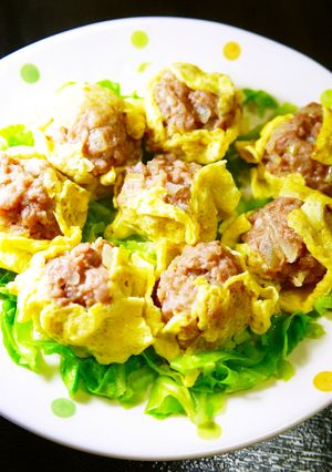 春キャベツの上で薄焼き卵に包まれた☆焼売-レシピのメイン写真
