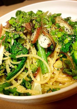 菜の花と明太子ミョウガのせ！和風パスタ-レシピのメイン写真