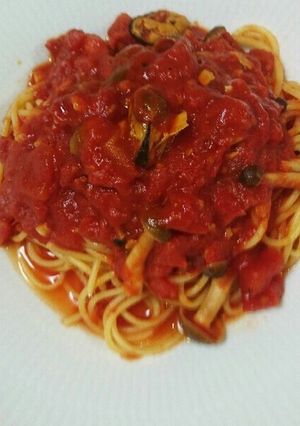 ムール貝ワイン蒸し風缶詰めでトマトパスタ-レシピのメイン写真